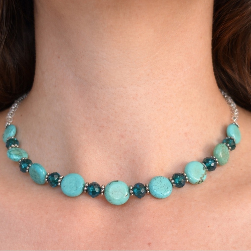 Turquoise Beaded Necklace Boho Western Statement Teal Crystal Silver Tone 16”